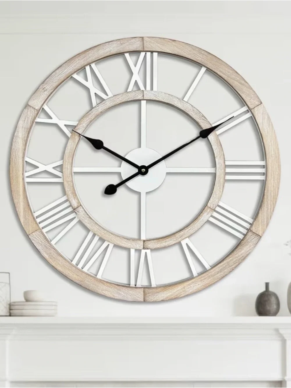 24”Large Rustic Wooden Wall Clock Silent Non-Ticking Farmhouse Decor Light Ivory